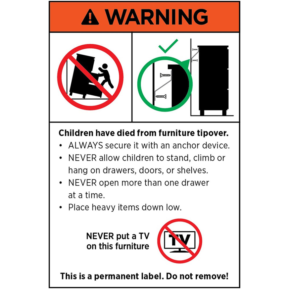 Warning label for white metal buffet cabinet about furniture tipover safety and anchoring instructions