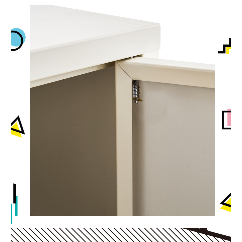 Close-up of white metal buffet cabinet door hinge showing sturdy metal construction