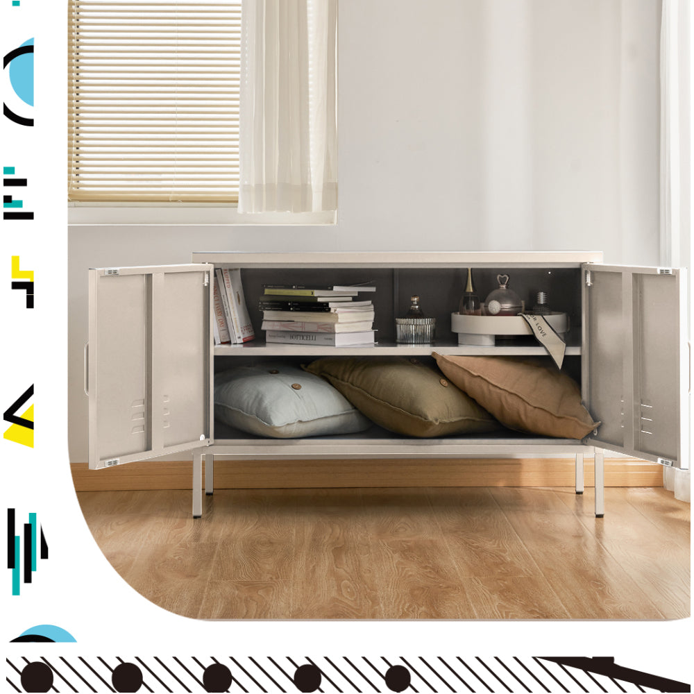TRENDZ white metal buffet cabinet with open doors showing shelves and storage space with pillows and books