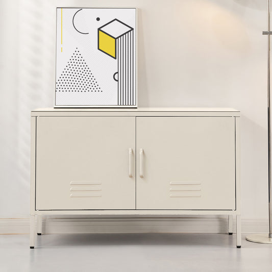 TRENDZ white metal buffet cabinet with double doors and minimalist design in modern dining room