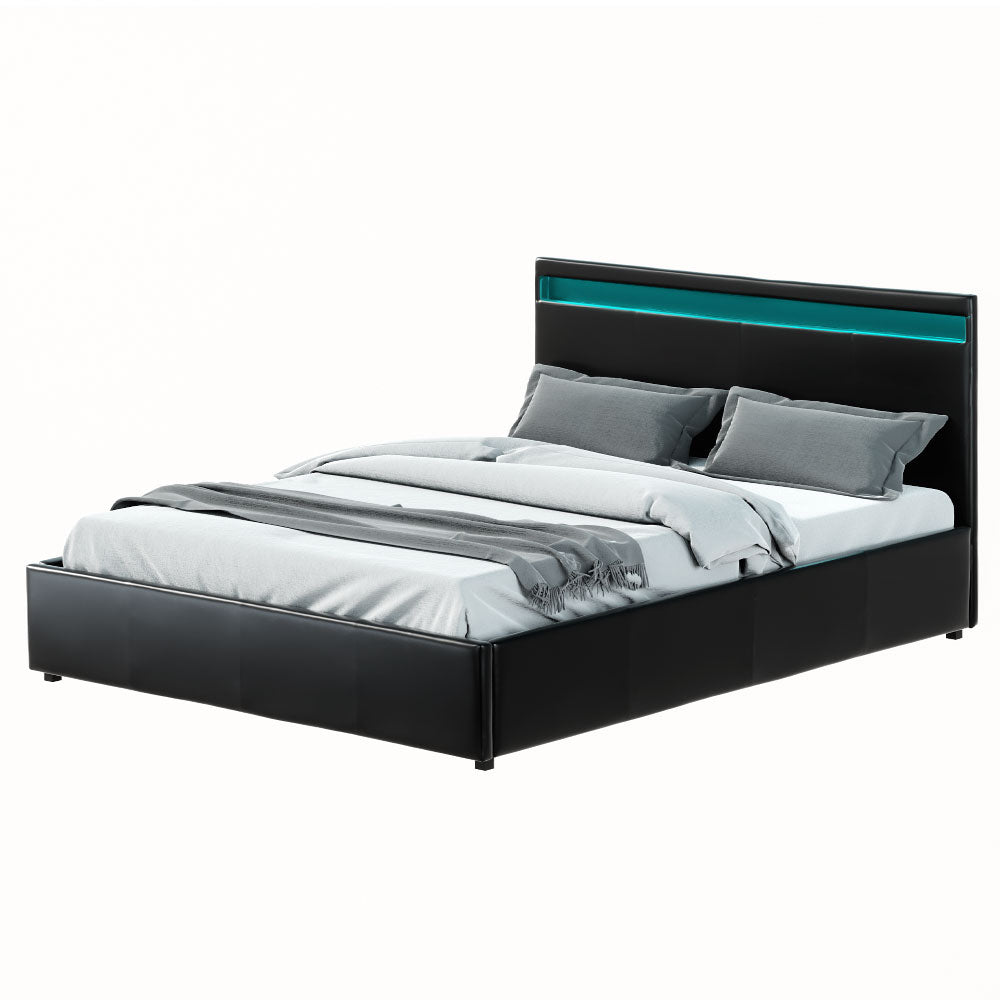 Artiss Bed Frame Queen Size LED Gas Lift Black COLE - TRENDZ