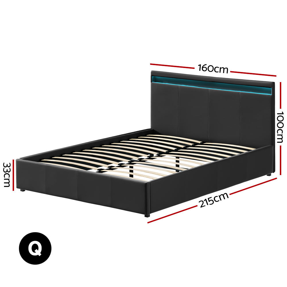 Artiss Bed Frame Queen Size LED Gas Lift Black COLE - TRENDZ