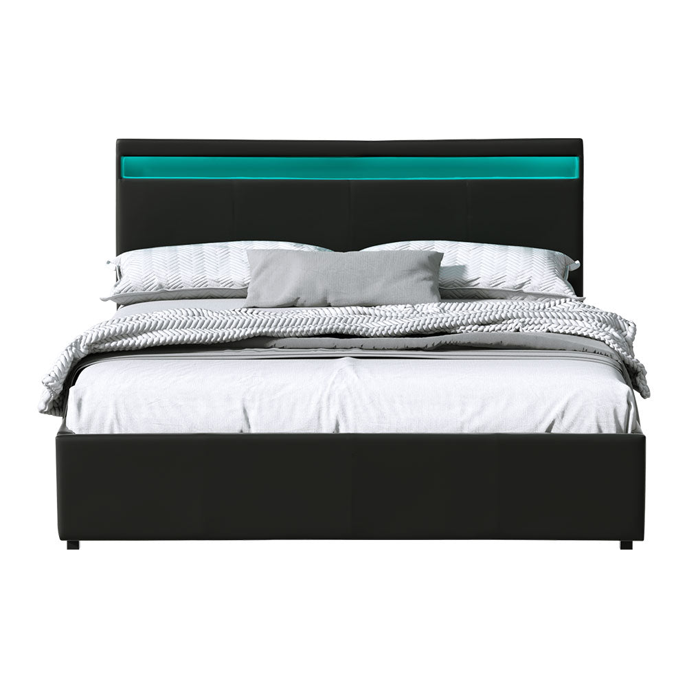 Artiss Bed Frame Queen Size LED Gas Lift Black COLE - TRENDZ