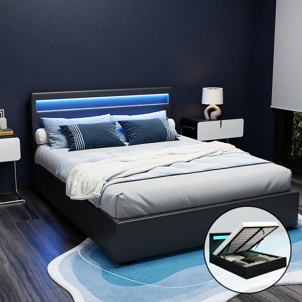 Artiss Bed Frame Queen Size LED Gas Lift Black COLE - TRENDZ