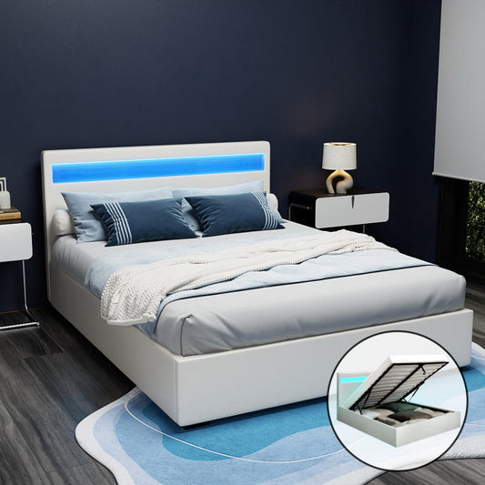 Artiss Bed Frame Queen Size LED Gas Lift White COLE - TRENDZ