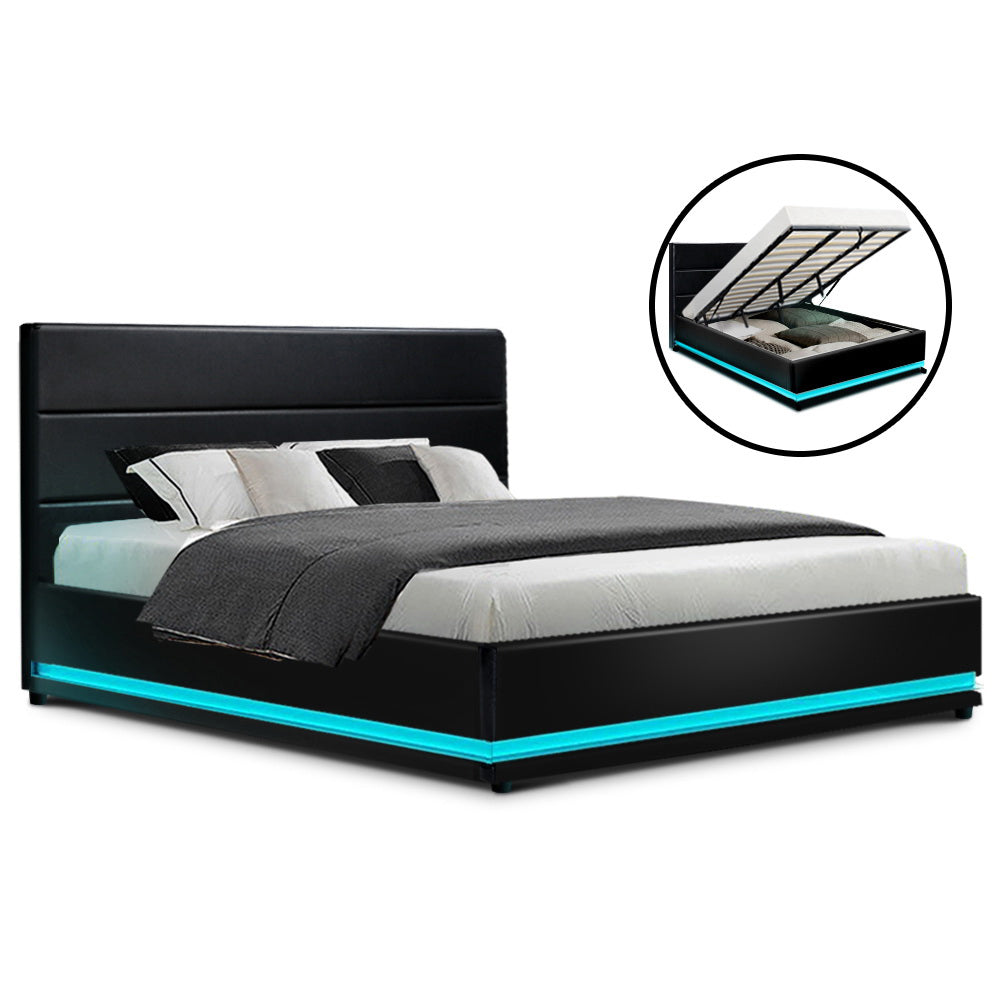 Artiss Bed Frame King Size LED Gas Lift Black LUMI - TRENDZ