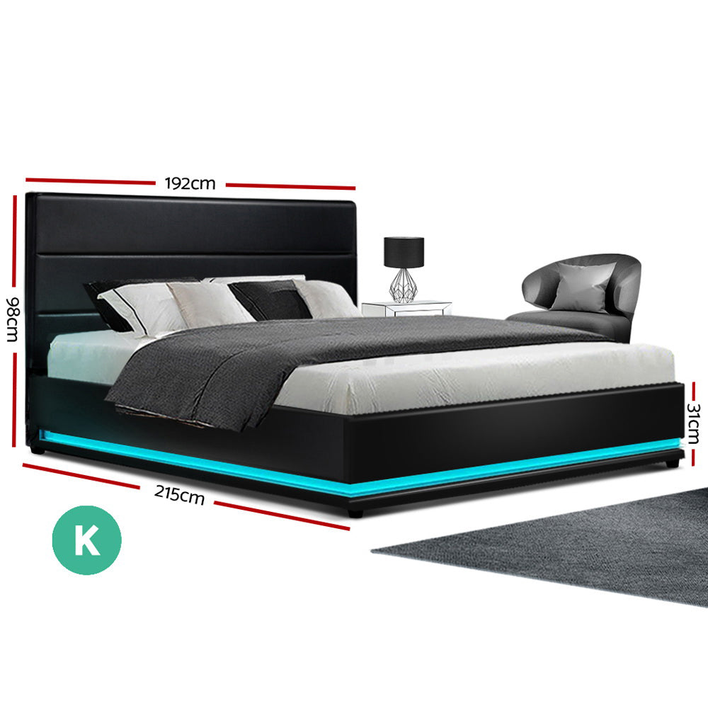 Artiss Bed Frame King Size LED Gas Lift Black LUMI - TRENDZ