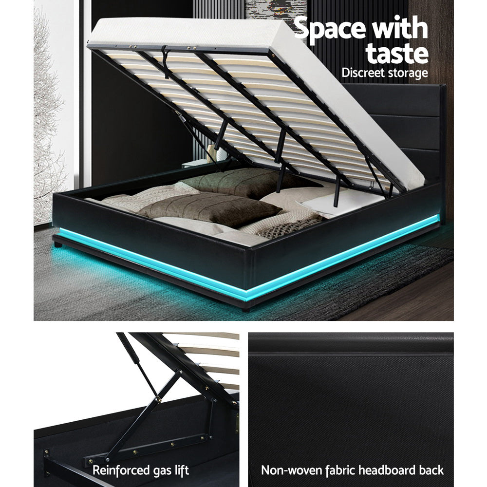 Artiss Bed Frame King Size LED Gas Lift Black LUMI - TRENDZ