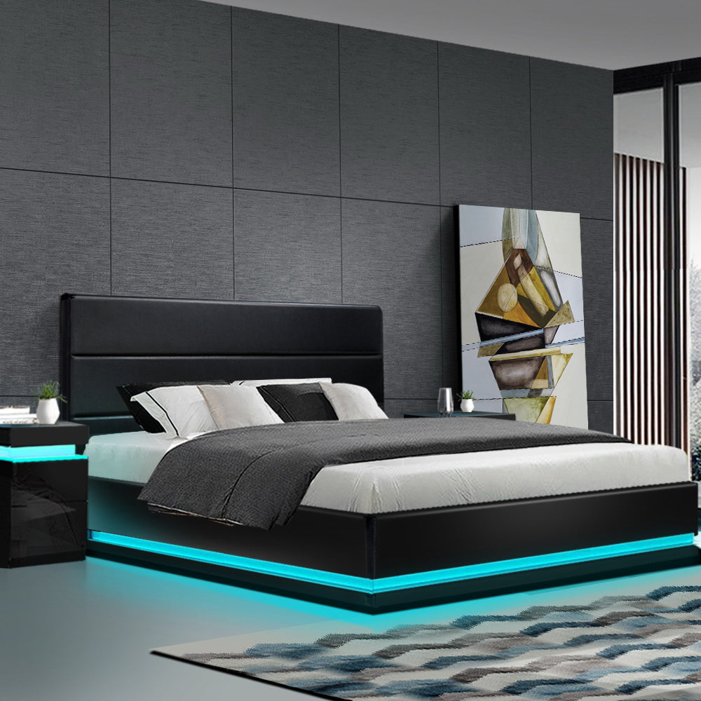 Artiss Bed Frame King Size LED Gas Lift Black LUMI - TRENDZ