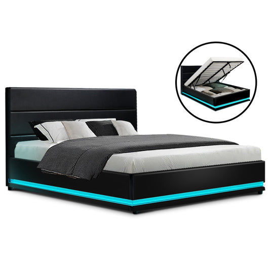 Artiss Bed Frame Queen Size LED Gas Lift Black LUMI - TRENDZ