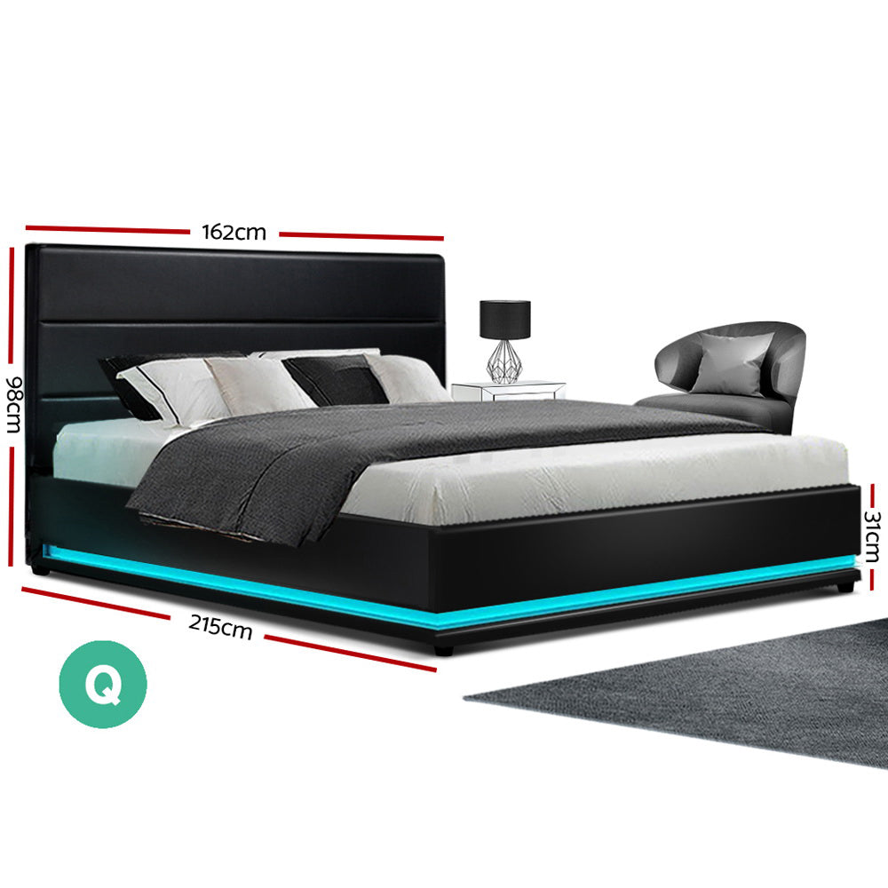 Artiss Bed Frame Queen Size LED Gas Lift Black LUMI - TRENDZ