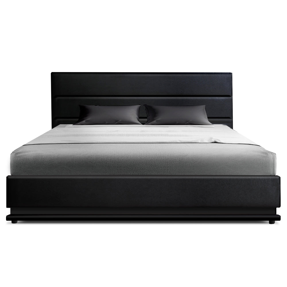 Artiss Bed Frame Queen Size LED Gas Lift Black LUMI - TRENDZ