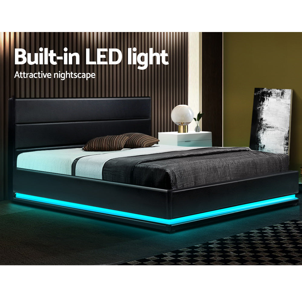 Artiss Bed Frame Queen Size LED Gas Lift Black LUMI - TRENDZ