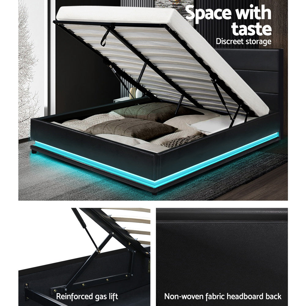 Artiss Bed Frame Queen Size LED Gas Lift Black LUMI - TRENDZ