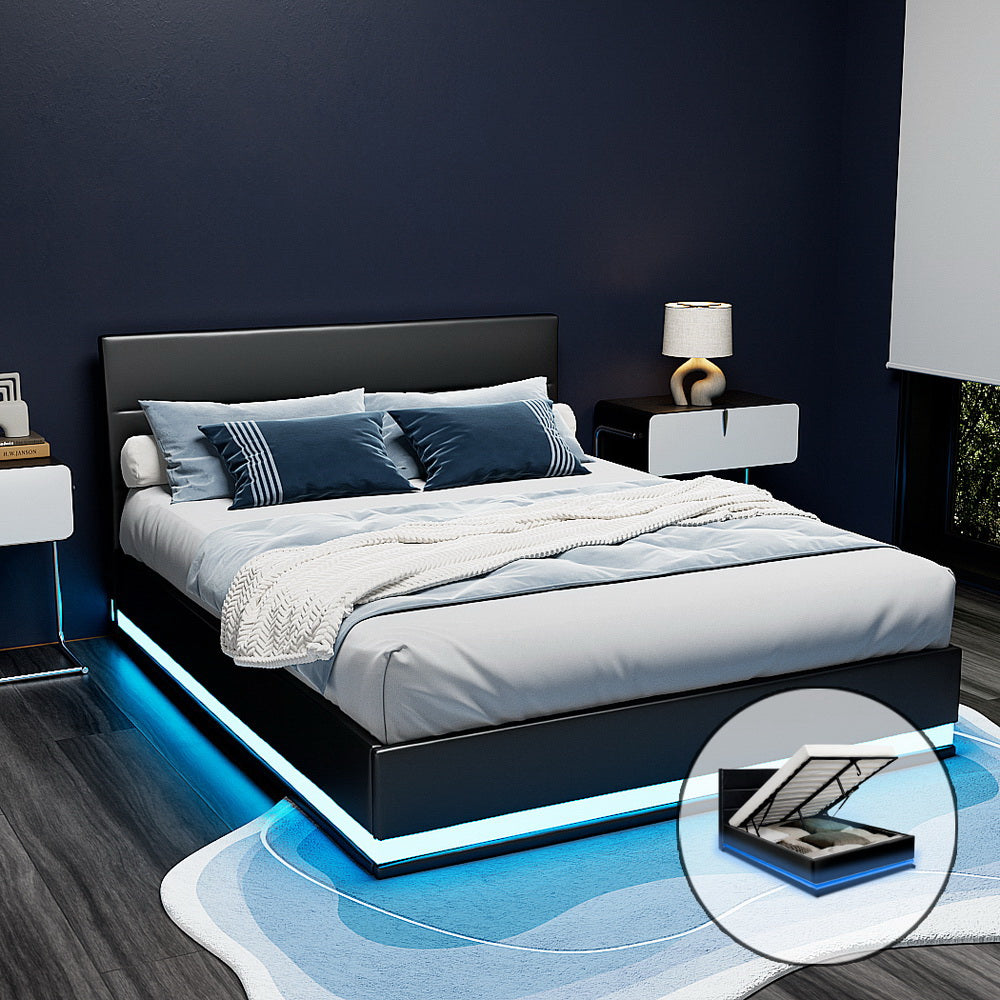 Artiss Bed Frame Queen Size LED Gas Lift Black LUMI - TRENDZ