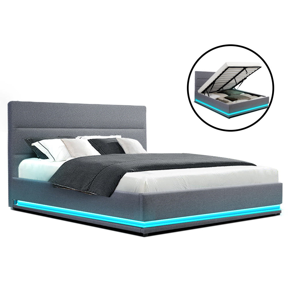 Artiss Bed Frame Queen Size LED Gas Lift Grey LUMI - TRENDZ