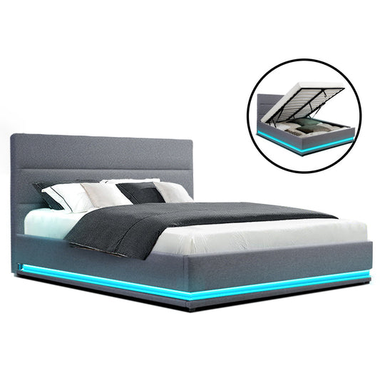 Artiss Bed Frame Queen Size LED Gas Lift Grey LUMI - TRENDZ