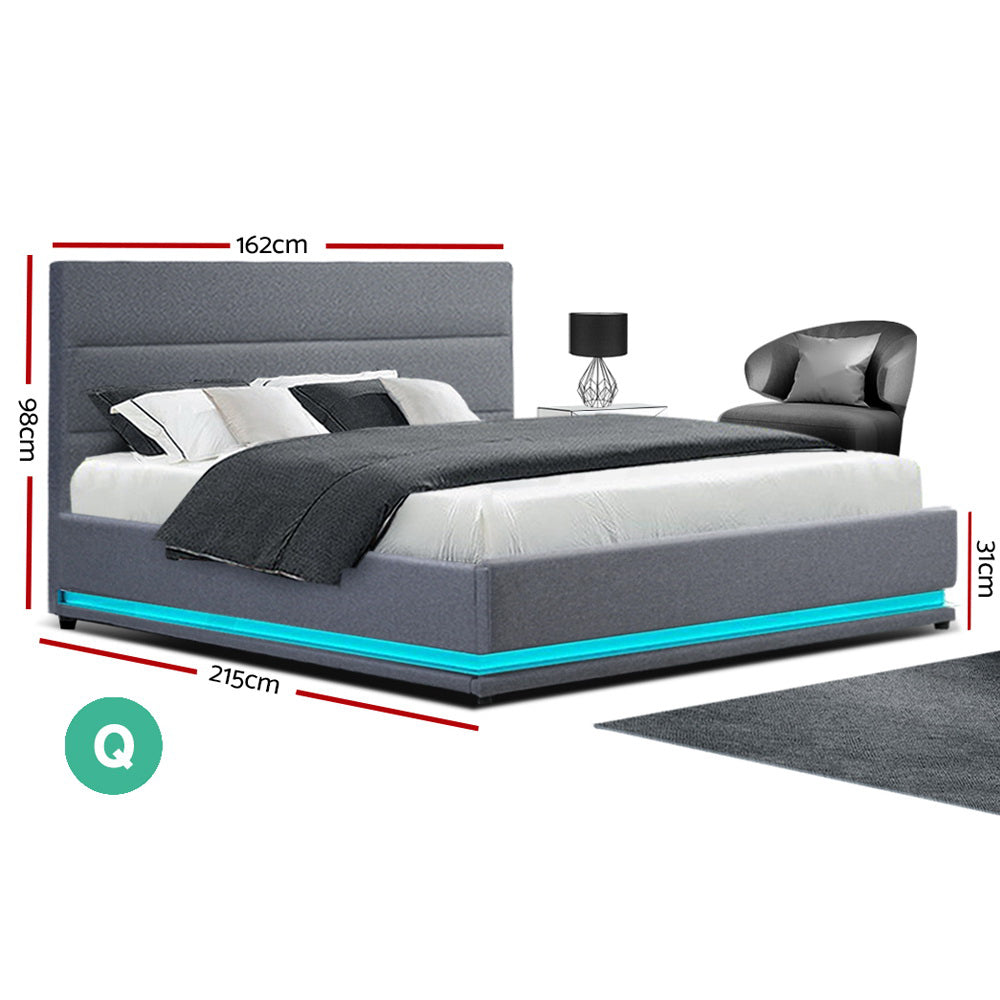 Artiss Bed Frame Queen Size LED Gas Lift Grey LUMI - TRENDZ