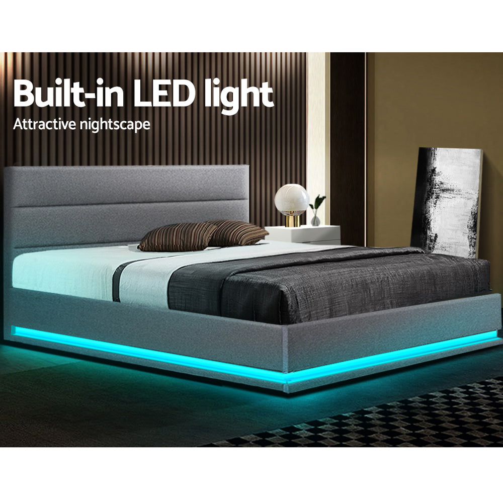 Artiss Bed Frame Queen Size LED Gas Lift Grey LUMI - TRENDZ