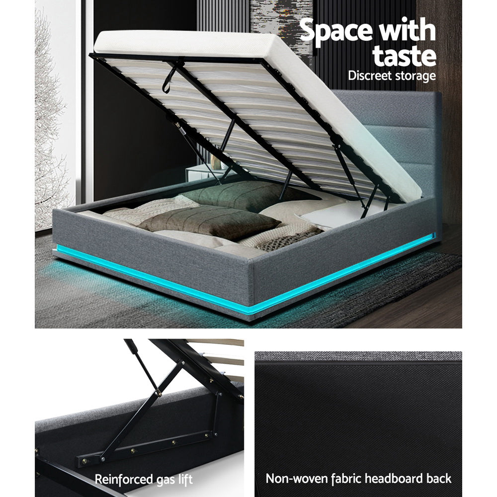 Artiss Bed Frame Queen Size LED Gas Lift Grey LUMI - TRENDZ