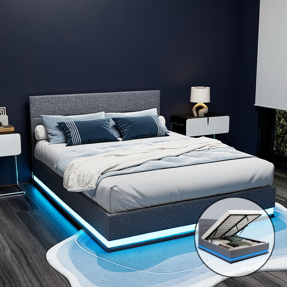 Artiss Bed Frame Queen Size LED Gas Lift Grey LUMI - TRENDZ