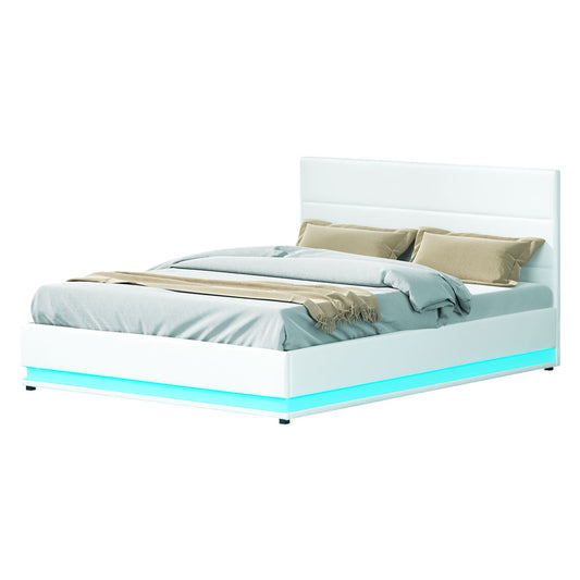 Artiss Bed Frame Queen Size LED Gas Lift White LUMI - TRENDZ