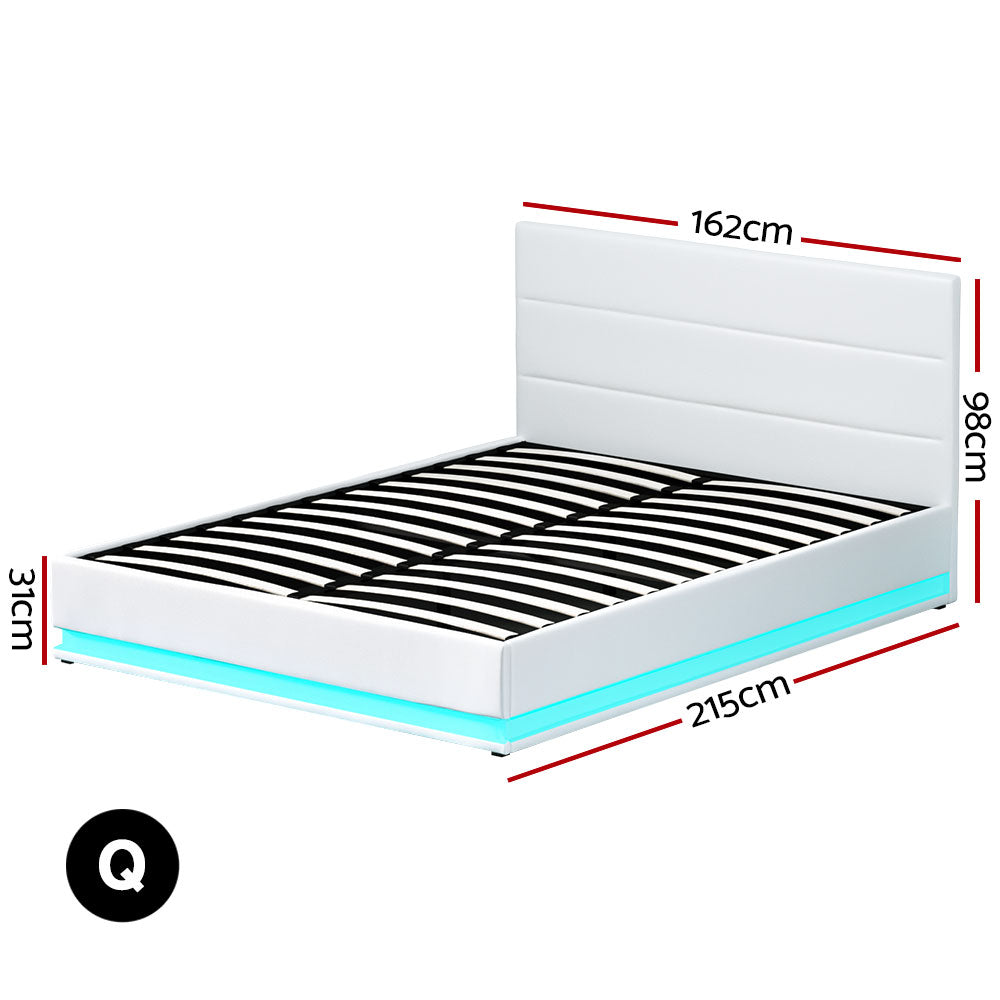 Artiss Bed Frame Queen Size LED Gas Lift White LUMI - TRENDZ