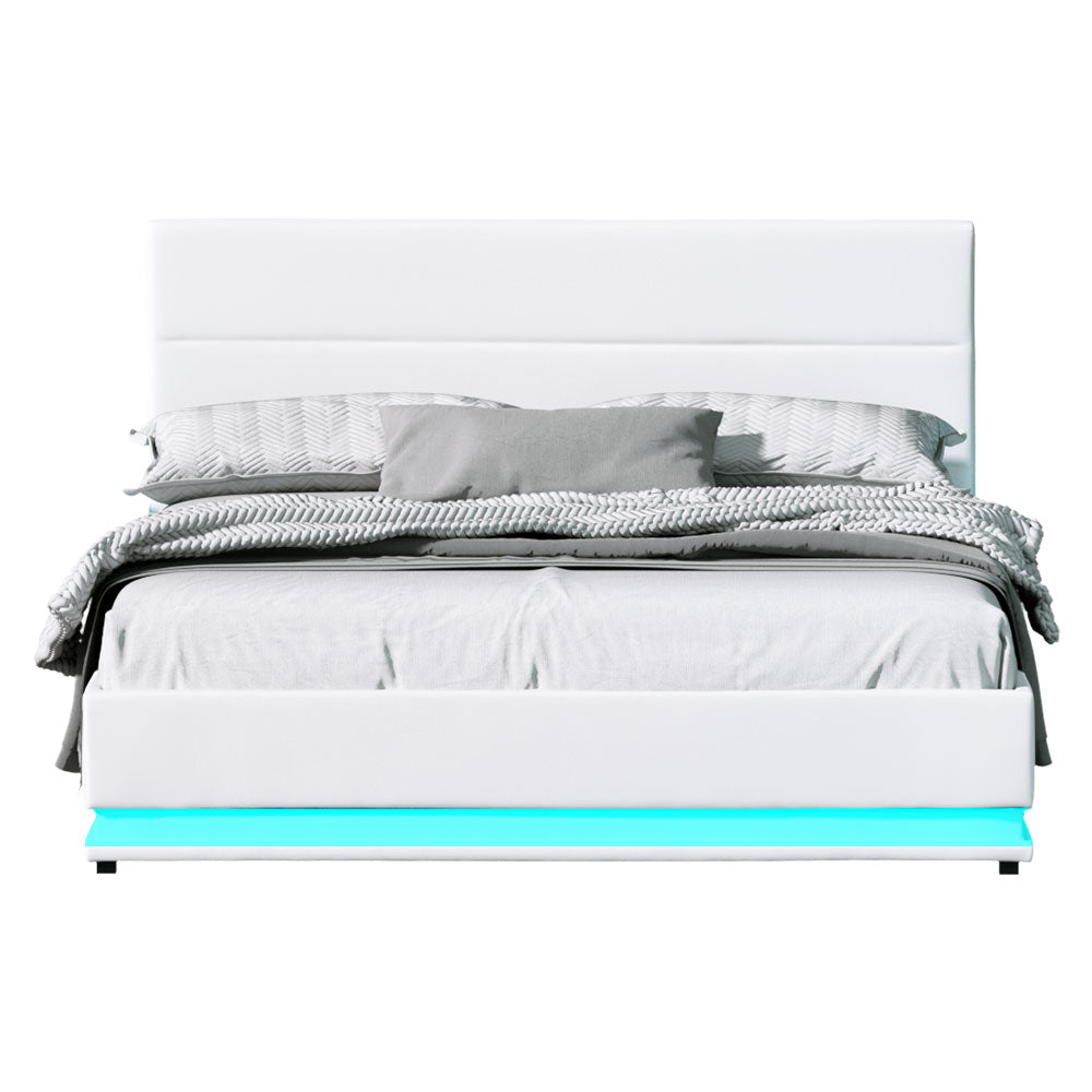 Artiss Bed Frame Queen Size LED Gas Lift White LUMI - TRENDZ