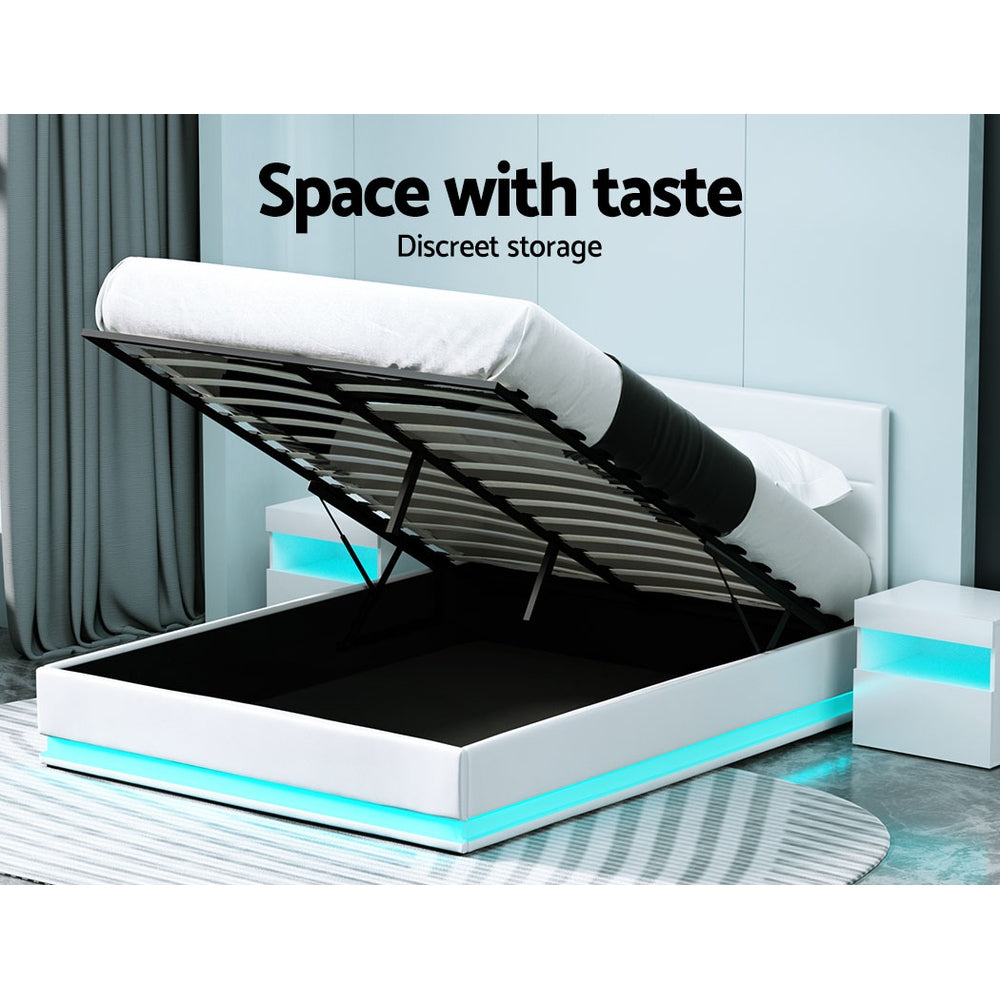 Artiss Bed Frame Queen Size LED Gas Lift White LUMI - TRENDZ