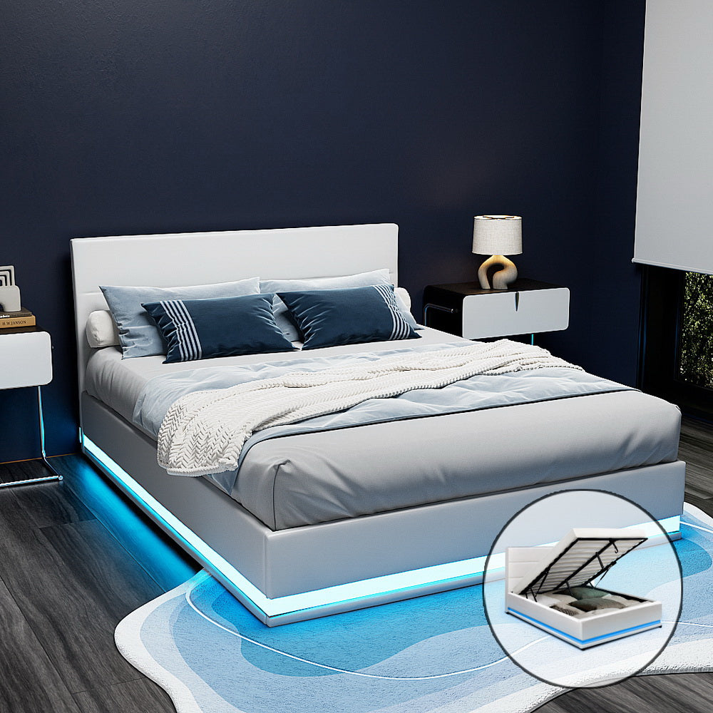 Artiss Bed Frame Queen Size LED Gas Lift White LUMI - TRENDZ