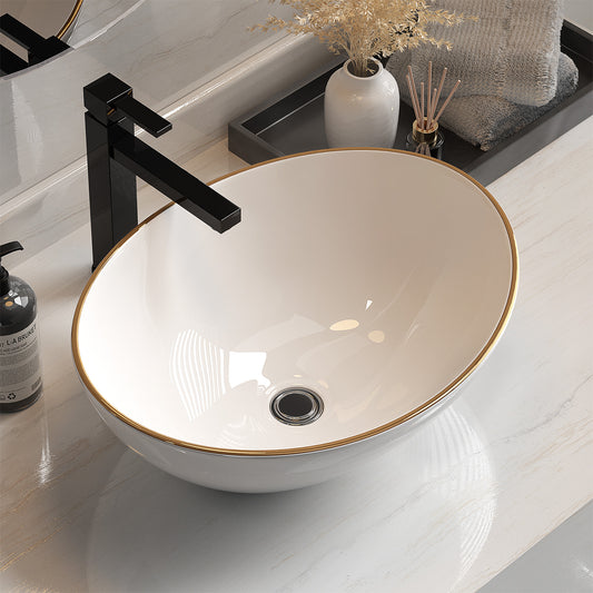 Cefito Bathroom Basin Ceramic Vanity Sink Hand Wash Bowl Gold Line 41x34cm - TRENDZ