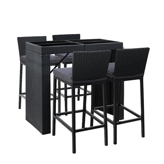 Gardeon 5-Piece Outdoor Bar Set Dining Table Stools Wicker Patio Setting - TRENDZ