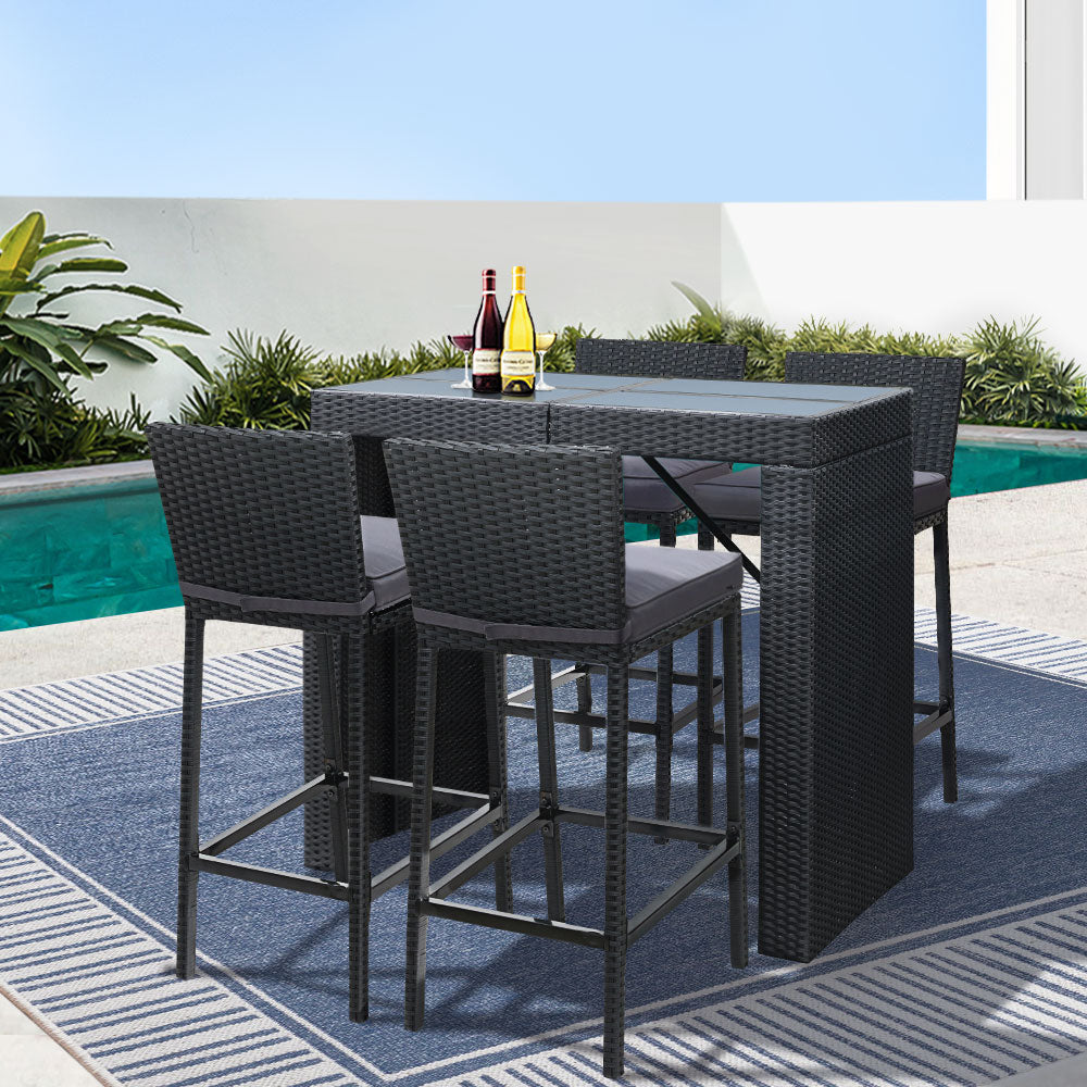 Gardeon 5-Piece Outdoor Bar Set Dining Table Stools Wicker Patio Setting - TRENDZ