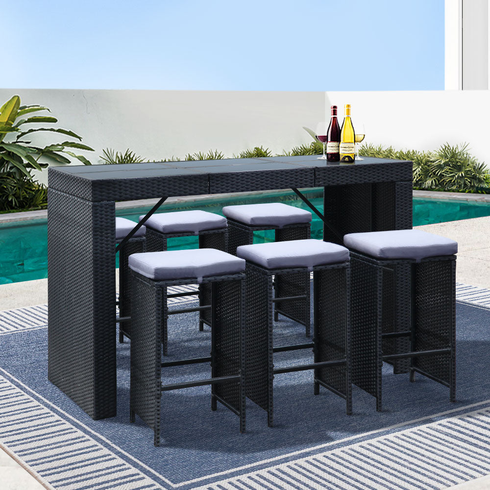 Gardeon 7-Piece Outdoor Bar Set Dining Table Stools Wicker Patio Setting - TRENDZ