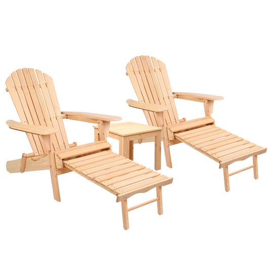 Gardeon 3PC Adirondack Outdoor Table and Chairs? Wooden Sun Lounge Beach Patio Natural - TRENDZ