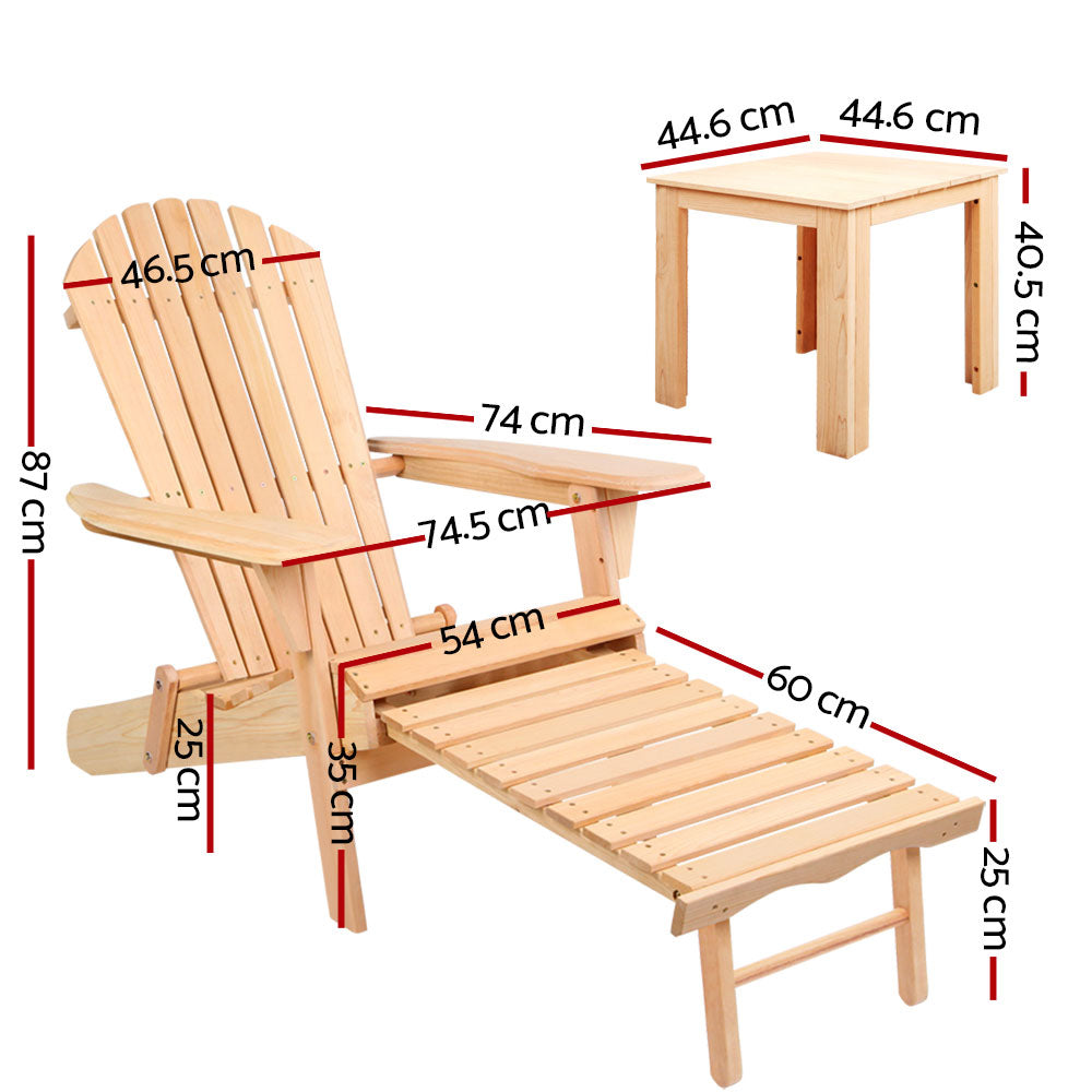 Gardeon 3PC Adirondack Outdoor Table and Chairs? Wooden Sun Lounge Beach Patio Natural - TRENDZ