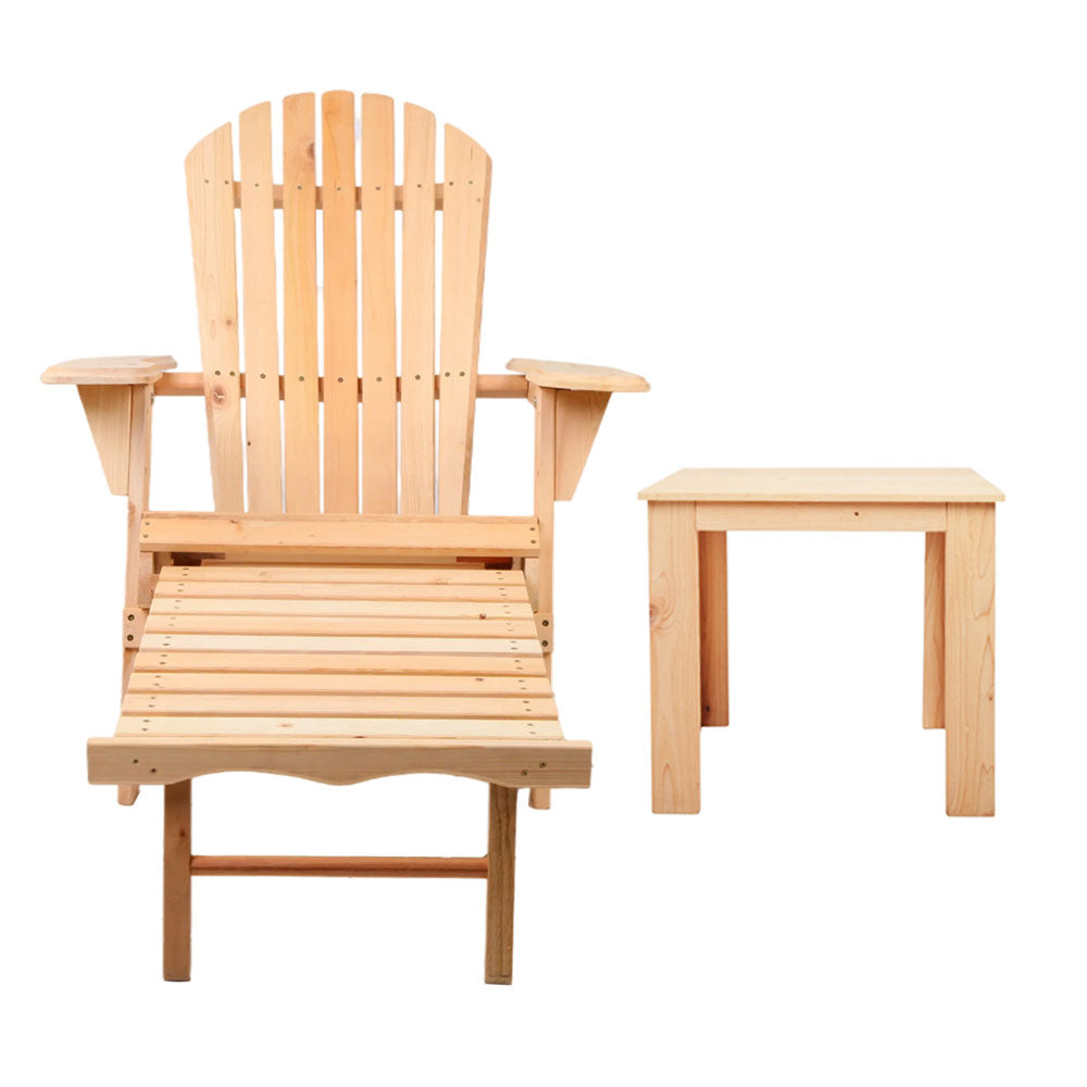 Gardeon 3PC Adirondack Outdoor Table and Chairs? Wooden Sun Lounge Beach Patio Natural - TRENDZ