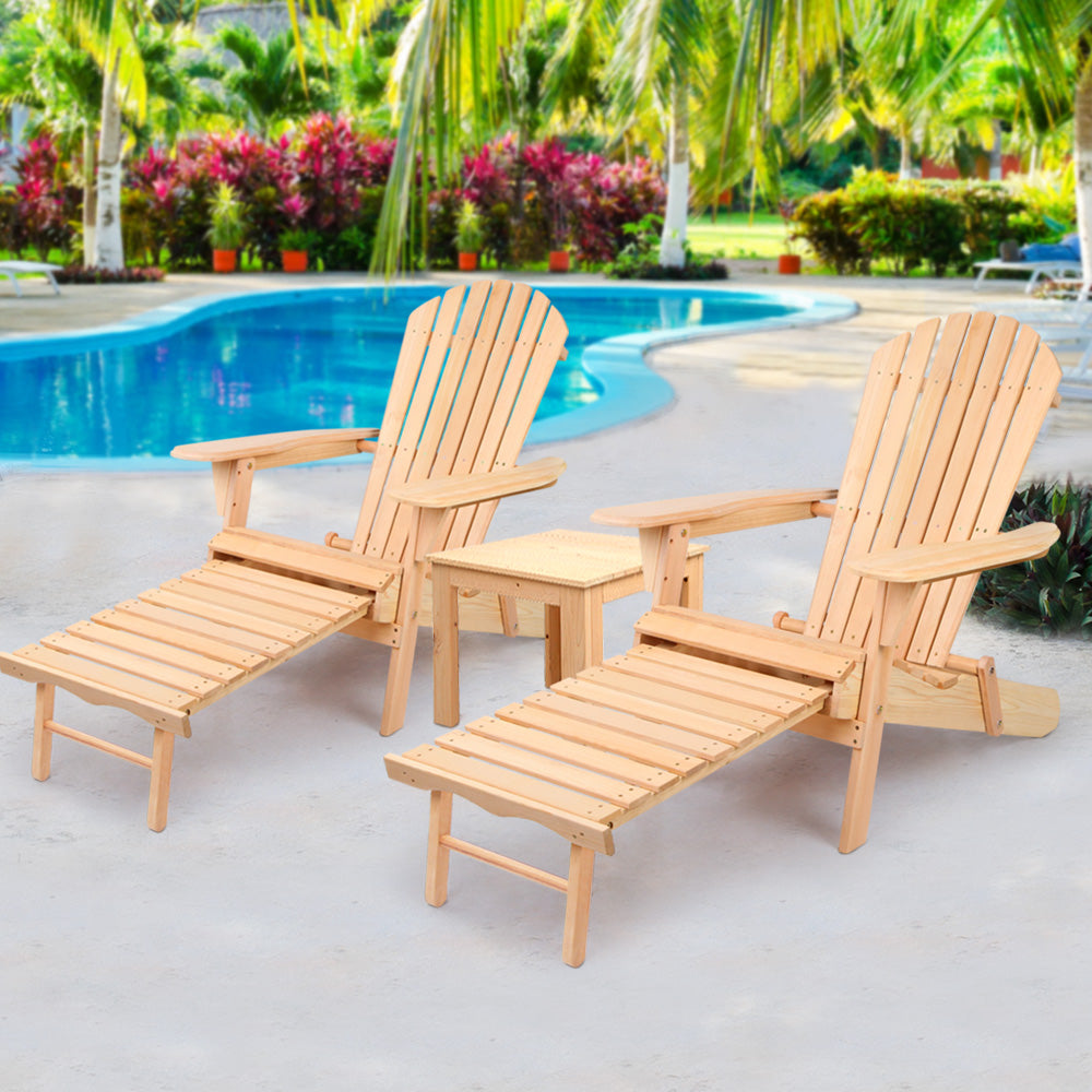 Gardeon 3PC Adirondack Outdoor Table and Chairs? Wooden Sun Lounge Beach Patio Natural - TRENDZ