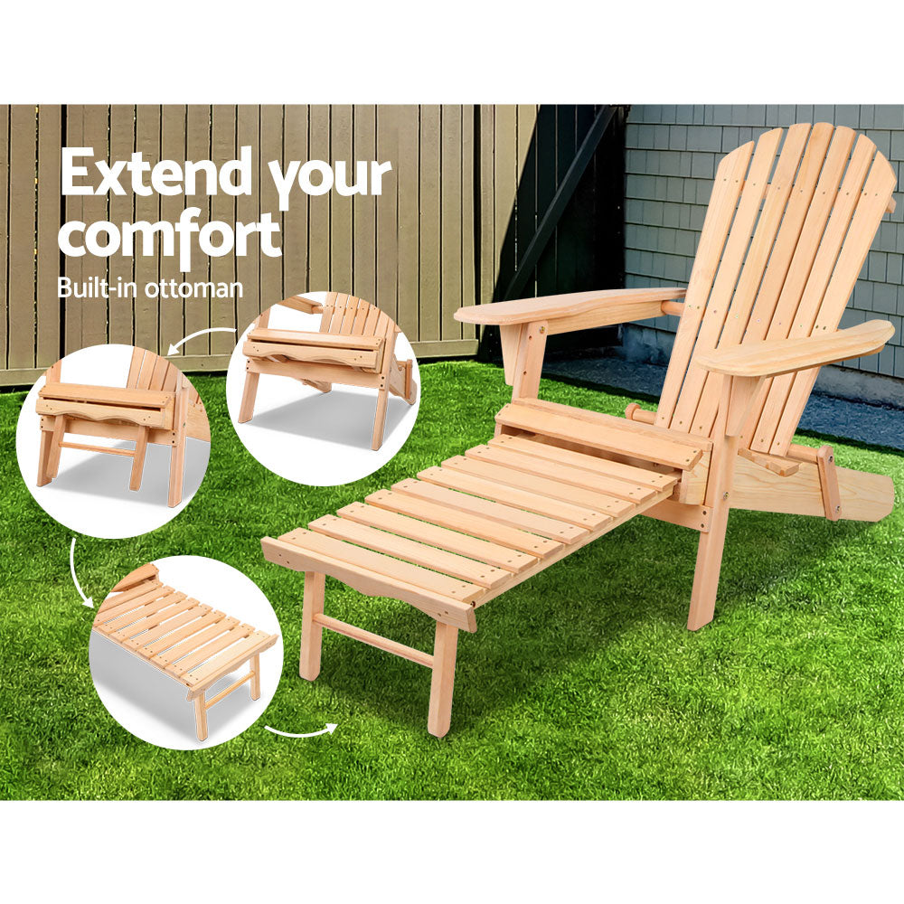 Gardeon 3PC Adirondack Outdoor Table and Chairs? Wooden Sun Lounge Beach Patio Natural - TRENDZ