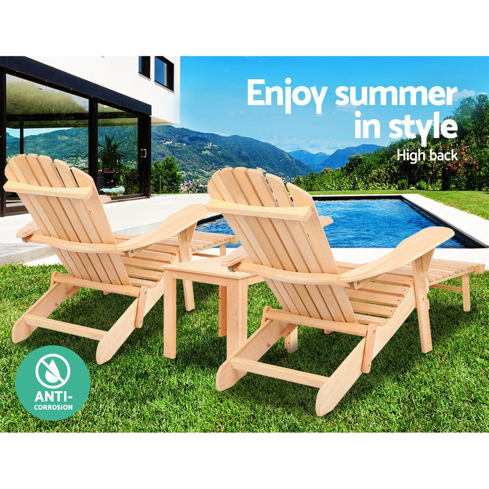Gardeon 3PC Adirondack Outdoor Table and Chairs? Wooden Sun Lounge Beach Patio Natural - TRENDZ