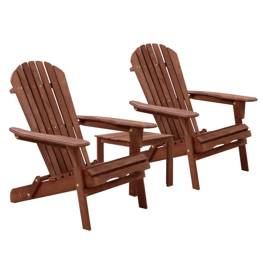 Gardeon 3PC Adirondack Outdoor Table and Chairs Wooden Foldable Beach Chair Brown - TRENDZ