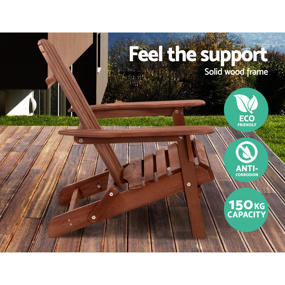 Gardeon 3PC Adirondack Outdoor Table and Chairs Wooden Foldable Beach Chair Brown - TRENDZ