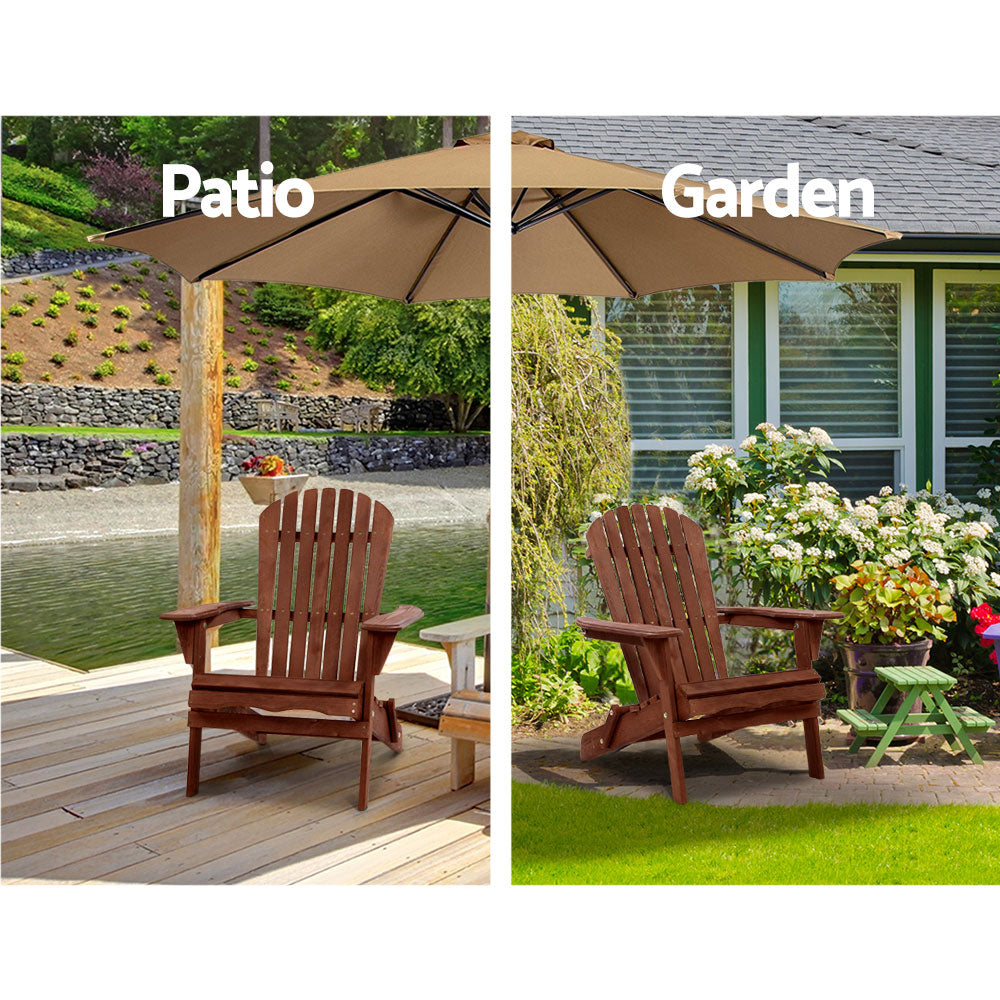 Gardeon 3PC Adirondack Outdoor Table and Chairs Wooden Foldable Beach Chair Brown - TRENDZ