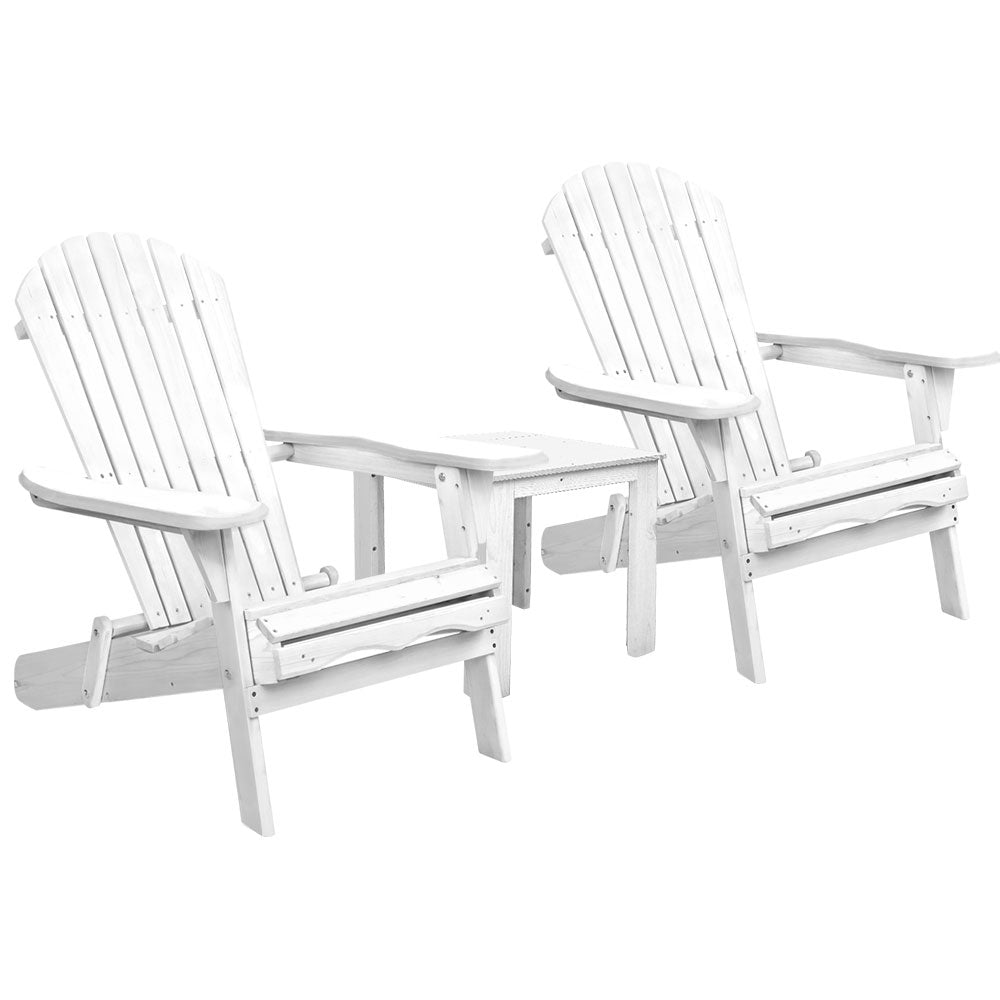 Gardeon 3PC Adirondack Outdoor Table and Chairs Wooden Foldable Beach Chair White - TRENDZ