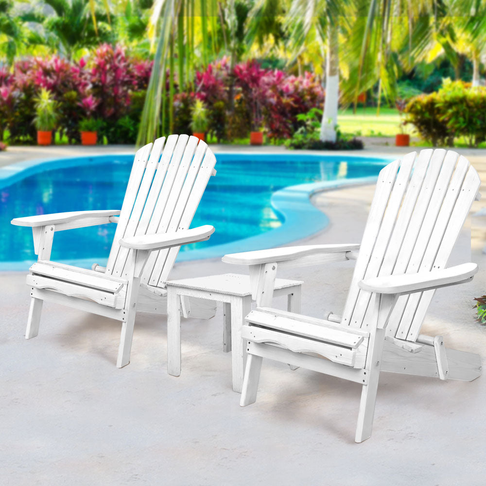 Gardeon 3PC Adirondack Outdoor Table and Chairs Wooden Foldable Beach Chair White - TRENDZ