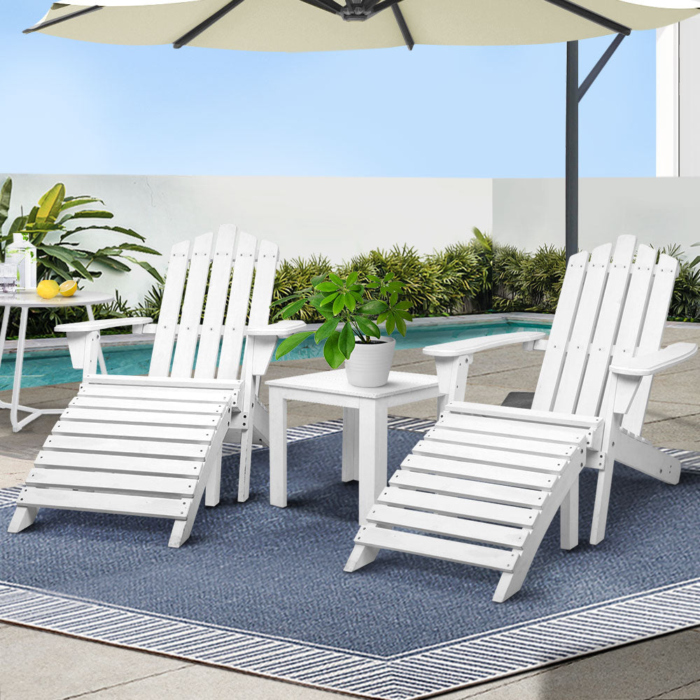 Gardeon 5PC Adirondack Outdoor Table and Chairs Wooden Sun Lounge Patio Furniture White - TRENDZ