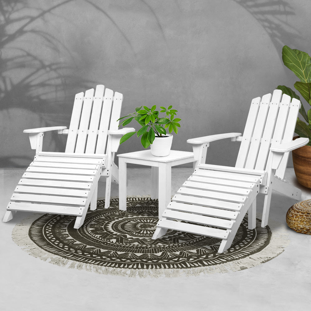 Gardeon 5PC Adirondack Outdoor Table and Chairs Wooden Sun Lounge Patio Furniture White - TRENDZ