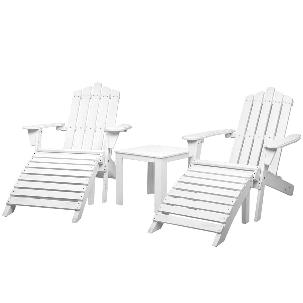 Gardeon 5PC Adirondack Outdoor Table and Chairs Wooden Sun Lounge Patio Furniture White - TRENDZ