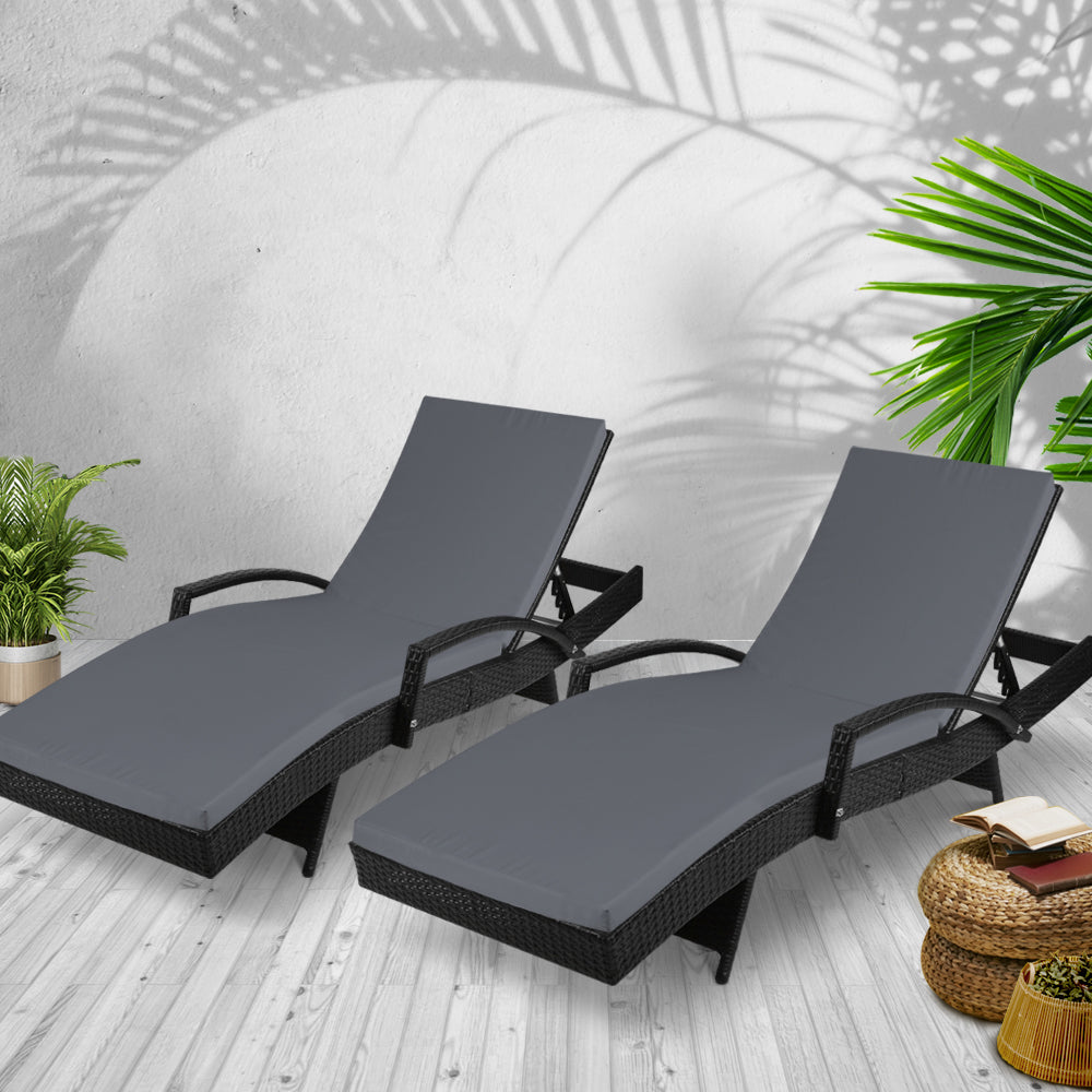Gardeon 2PC Sun Lounge Wicker Lounger Outdoor Furniture Beach Chair Patio Adjustable Cushion Black - TRENDZ