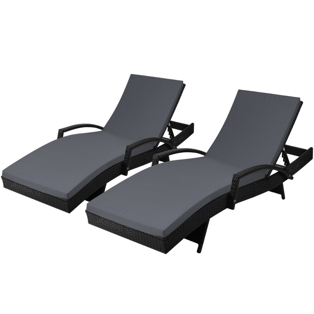 Gardeon 2PC Sun Lounge Wicker Lounger Outdoor Furniture Beach Chair Patio Adjustable Cushion Black - TRENDZ